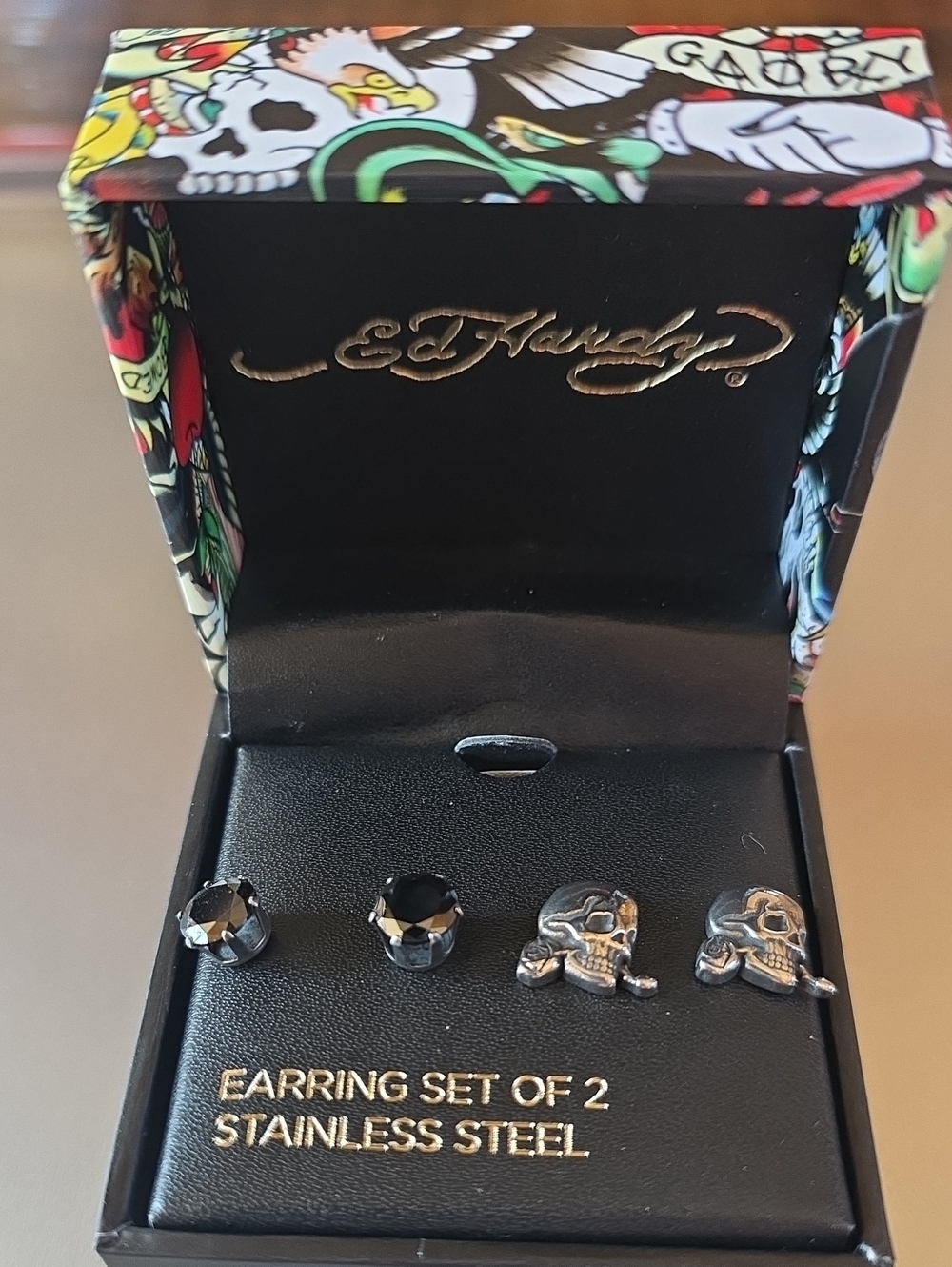 Ed Hardy Black Crystal & Silver Skull Stainless Steel Stud Earring Set